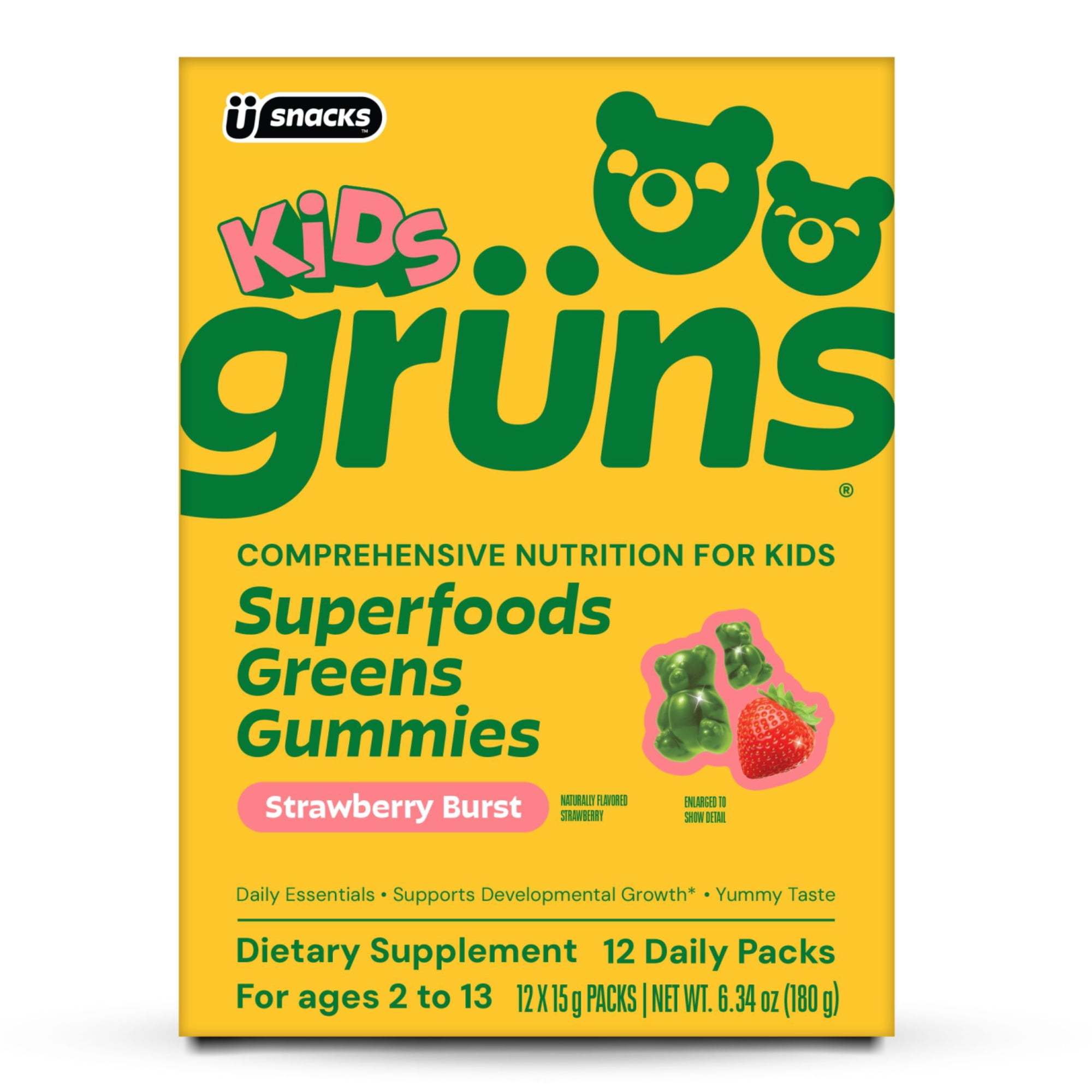 Gruns Kids Superfood Greens Multivitamin Gummies with 4g of Fiber for Ages 2+, 12 Count
