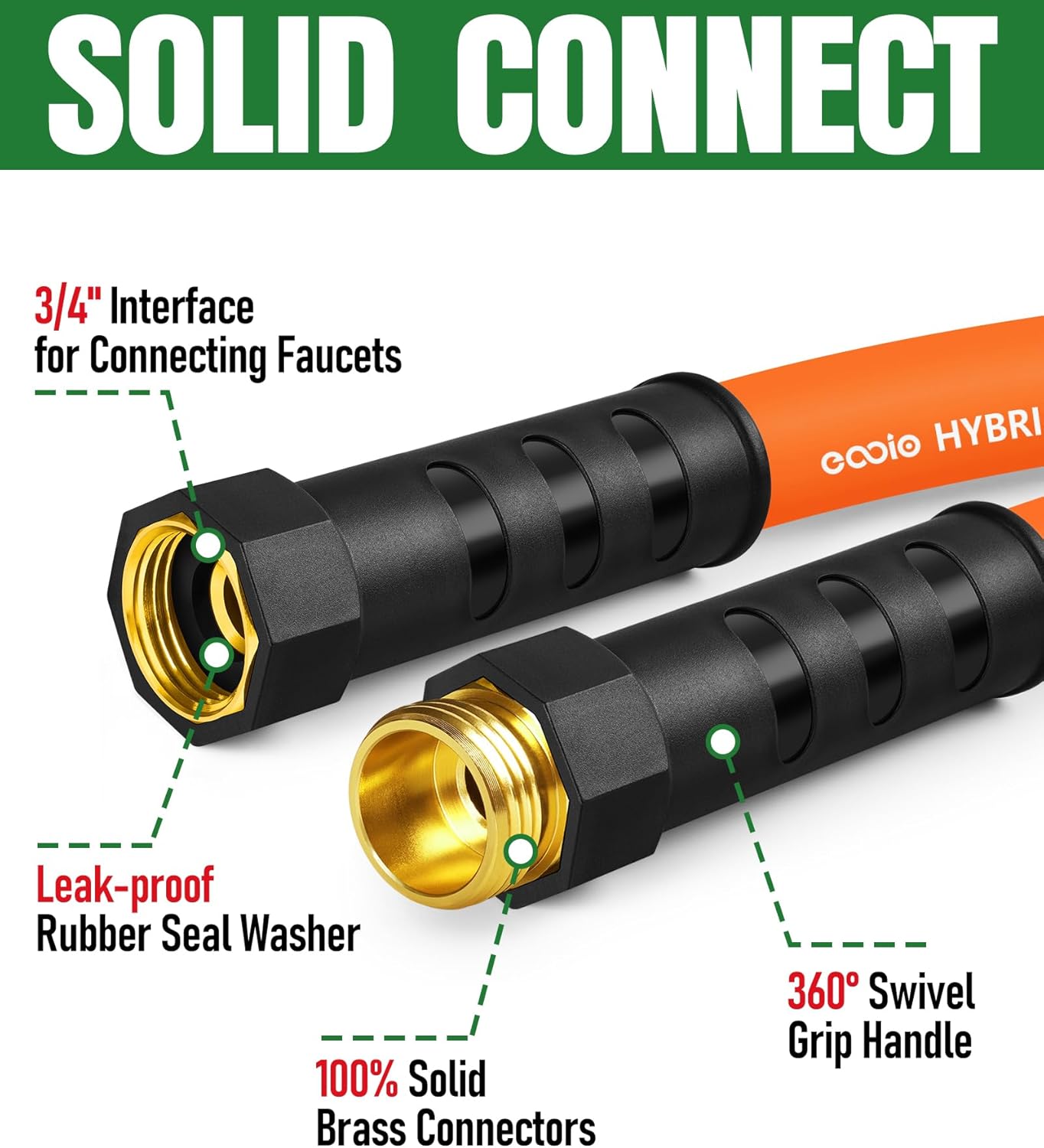 25 ft Non-Expanding Flexible Garden Hose, Kink Resistant Lightweight Hybrid Water Hose with Male to Female Fittings
