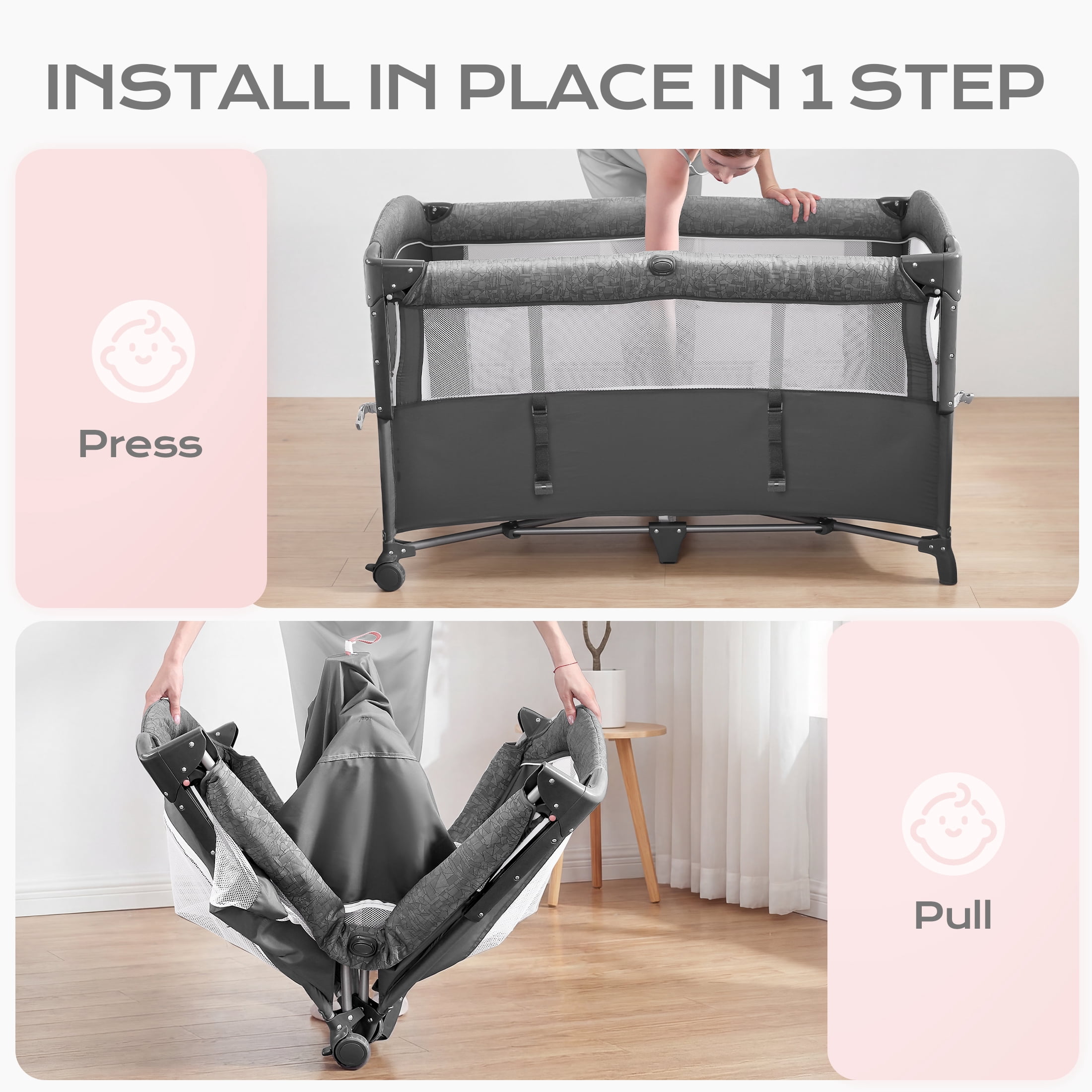 5 in 1  Pack and Play, Easy Folding Portable Playards,  Baby Bassinet Bedside Crib with Mattress, Diaper Changer and Music Mobile