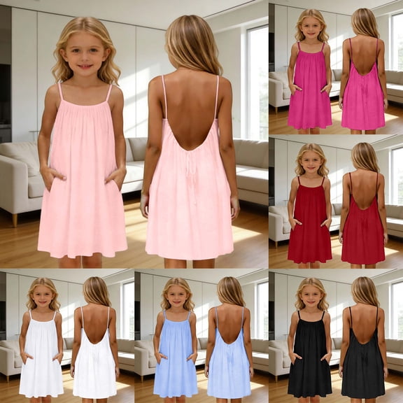 Kids Girls Summer Casual Sleeveless Backless Cami Dress for Beach Solid Vacation Sundress Black 4 Years-5 Years