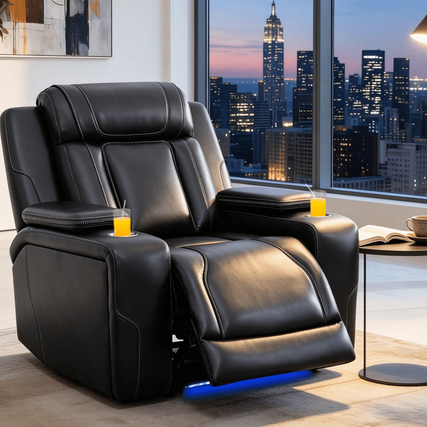 Gewnee Power Recliner Chair, Adjustable Reclining Lounge Chair with USB Ports, LED Lights & Cup Holders, Air Leather Upholstered Single Sofa Recliner for Living Room, Office, Black
