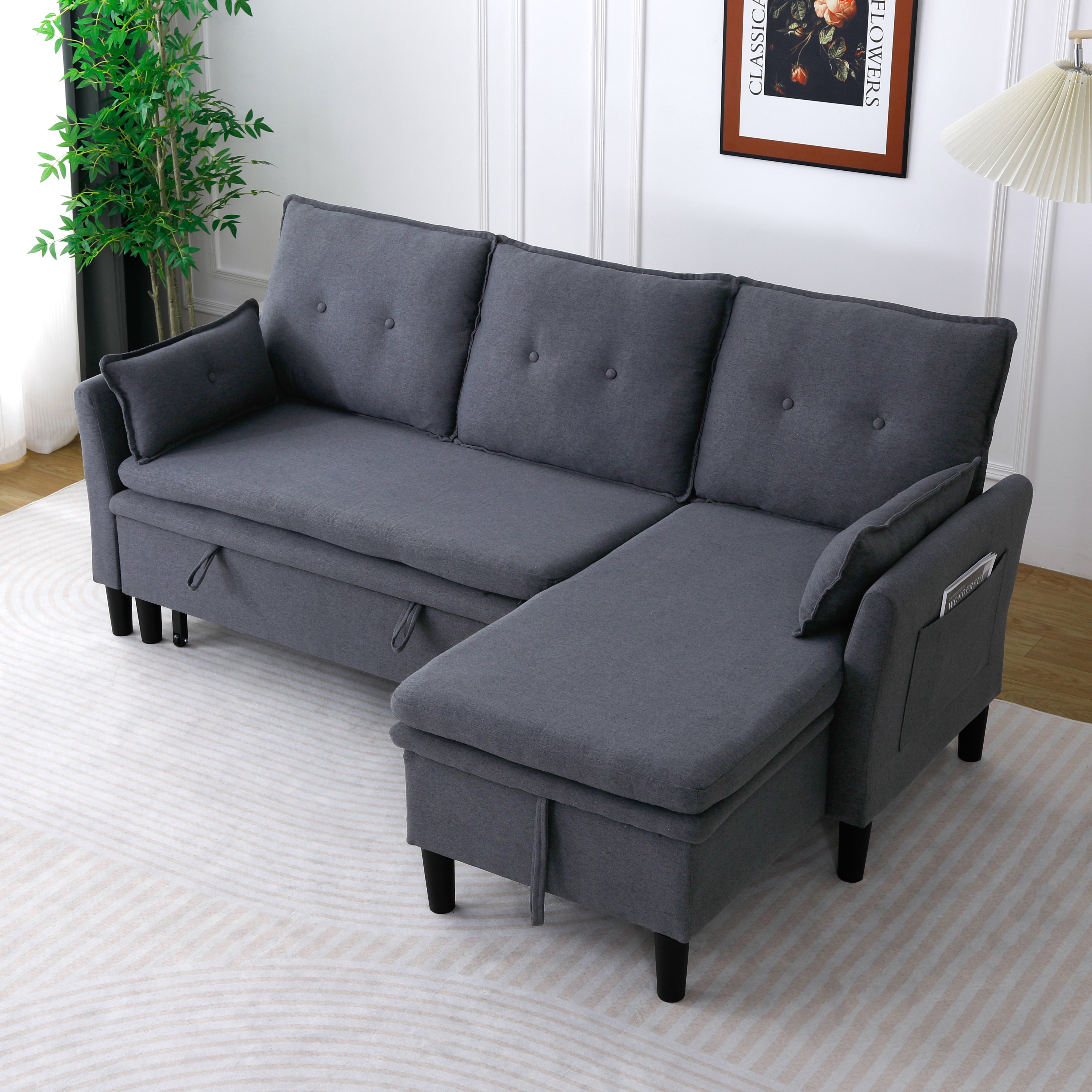 Gewnee L-Shaped Sectional Sofa,Reversible Chaise with Storage,Pull-Out Type Sofa Bed.Suitable for Apartments & Offices.Dark Grey