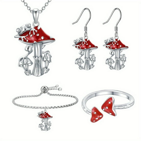 This fashionable and simple four-piece set of two red mushroom rings, necklaces, earrings and bracelets is a birthday and Christmas gift for family and friends