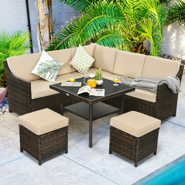 Costway Ensemble de Mobilier de Salle à Manger en Rotin pour Patio 6 Pcs Ottoman Table Étagère Inférieure