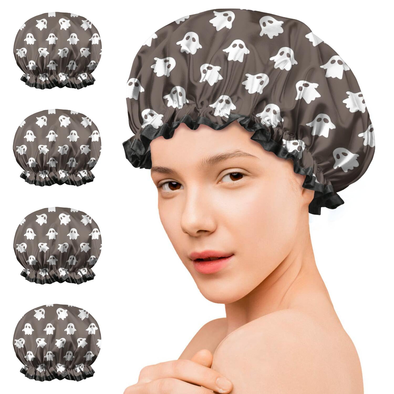 Shower Caps,Brown Halloween Ghost Pattern Waterproof Shower Cap for Women 4 Pieces,Double Reusable Hair Cover for Shower PEVA Elastic Stretch Hem