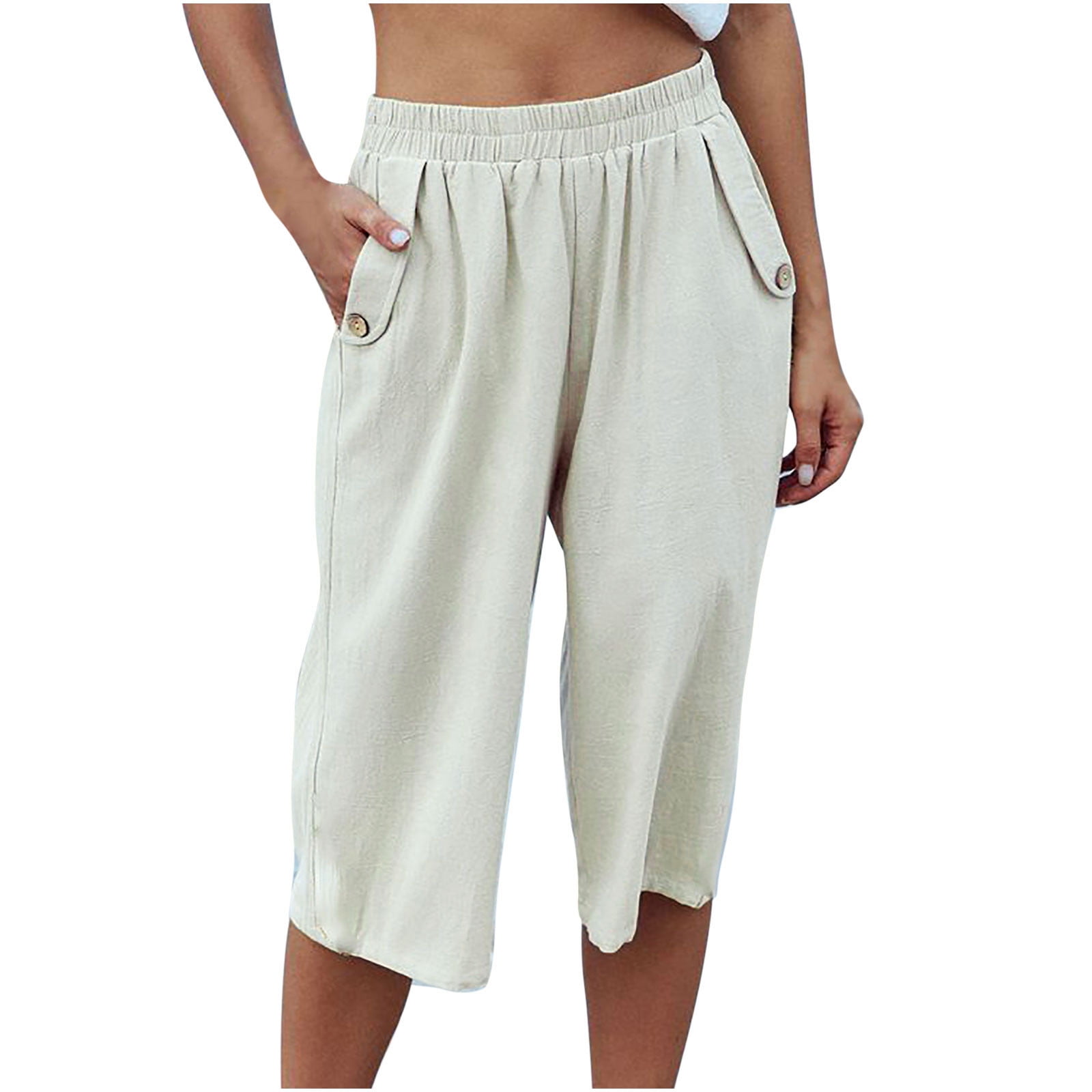 Womens Linen Capri Pants High Waisted Wide Leg Elastic Knee Length Pants Casual Loose Comfy Lounge Capris with Pockets Walmart