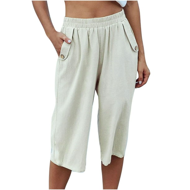 Womens Linen Capri Pants High Waisted Wide Leg Elastic Knee Length Pants  Casual Loose Comfy Lounge Capris with Pockets 