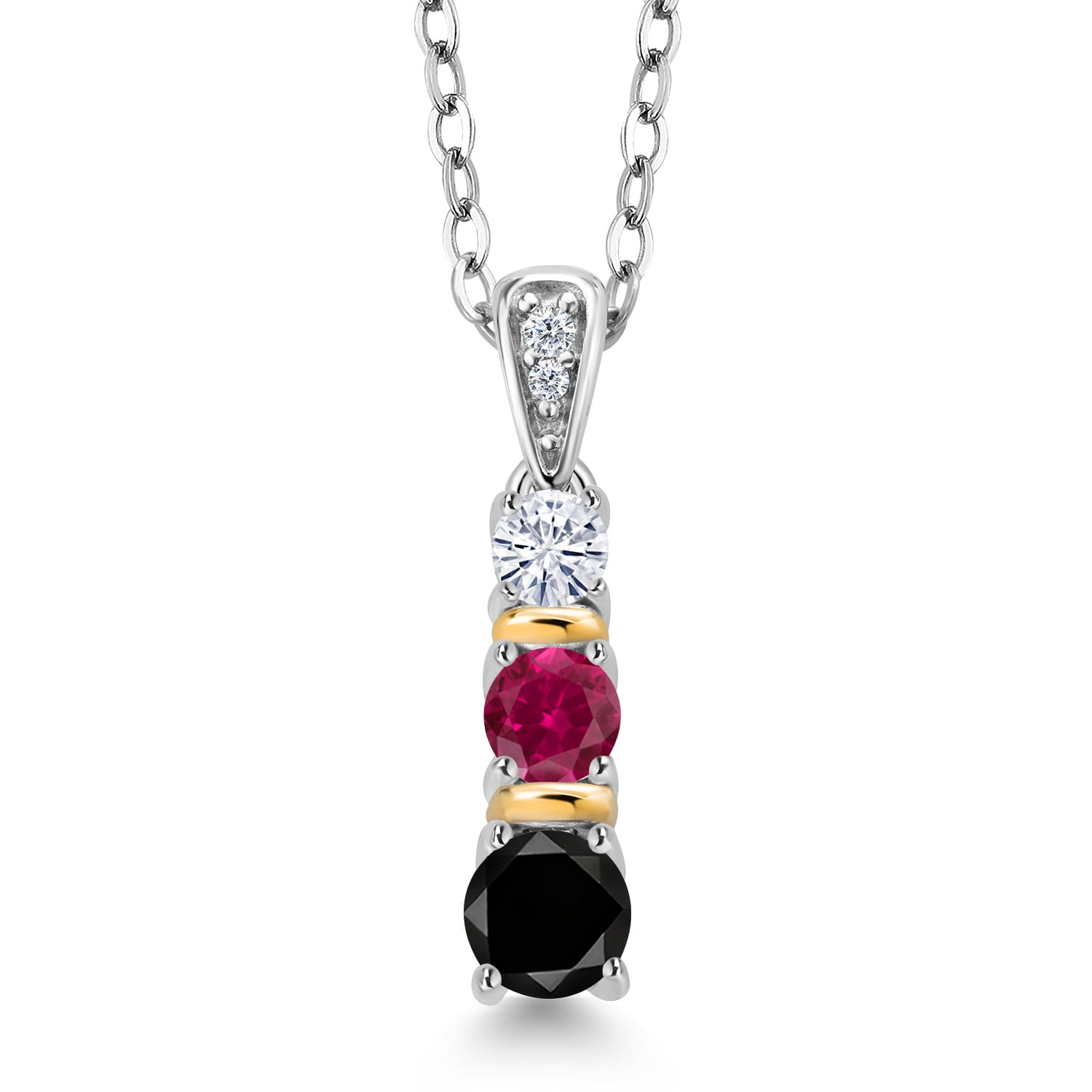 Gem Stone King 925 Silver and 10K Yellow Gold Round Black Diamond Red Created Ruby and White Moissanite Pendant Necklace for Women (0.62 Cttw, Gemstone April Birthstone, with 18 inch Chain)