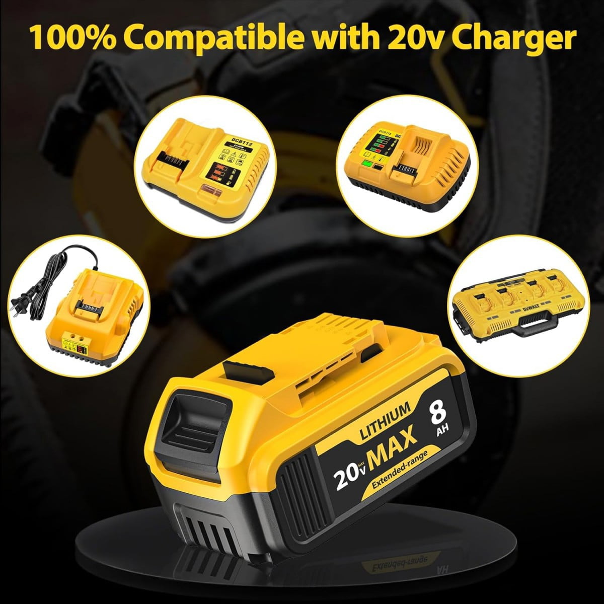 2 Pack 8.0Ah DCB206 Replacement for Dewalt 20V MAX Battery and DCB112 Charger Combo Compatible with 20V Battery Lithium DCB207 DCB204 DCB200 DCB201 DCB203 Series Power Tool