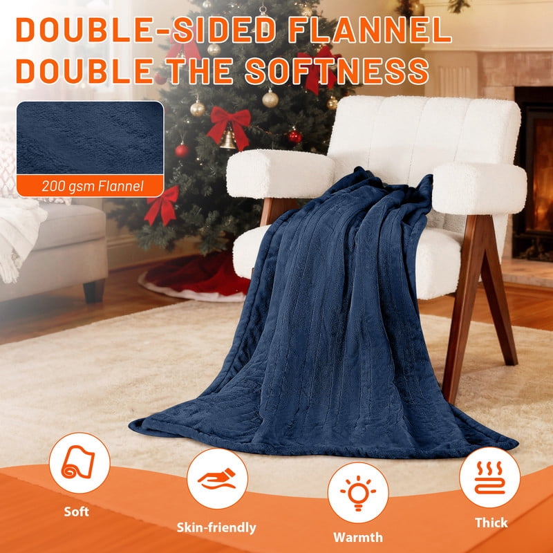Vccoem Dual Control Heated Throw Blanket, Queen Size 84"x90", Dual-Sided Flannel & Sherpa, 9 Heat Settings, 2-10 Hour Auto Shut-off, Machine Washable Electric Blanket for Couch & Bed, Navy Blue