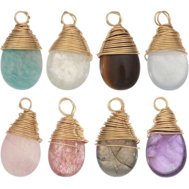 8 colgantes de piedra natural en forma de lágrima, de 8 estilos, con alambre de cobre envuelto para pulseras, collares, pendientes y bisutería.
