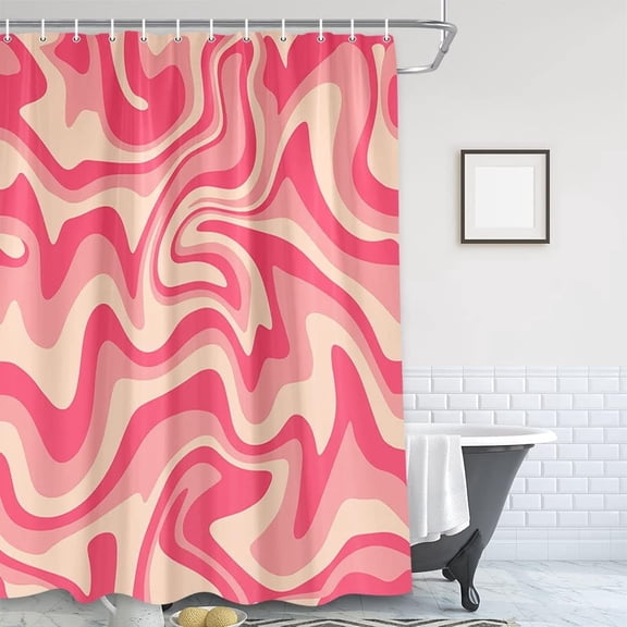 BSHAPPLUS® Pink Wavy Swirl Fabric Shower Curtain, 72"x72" Abstract Fluid Marble Wave Bathroom Curtain, Waterproof Polyester Decorative Bath Curtain with 12 Hooks, Modern Boho Aesthetic Bathroom Decor