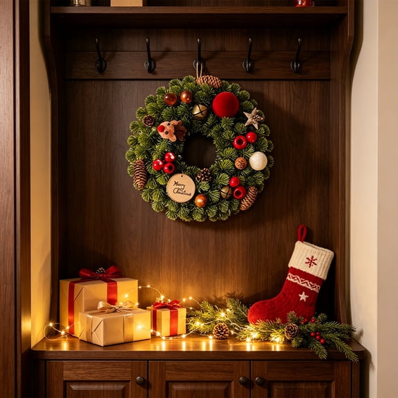 Christmas Front Door Wreath, Artificial Wreath with Reindeer Pinecone Berry Bell for Winter Holiday Wall Hanging Decor