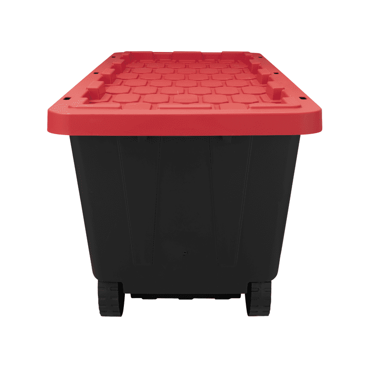 Hyper Tough - 50 Gallon Snap Lid Wheeled Plastic Storage Tote Black Base/Red Lid Set of 2