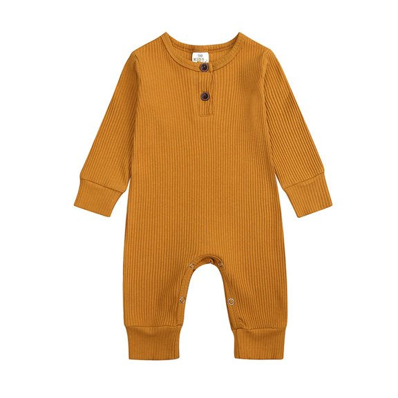 Baby Jumpsuit, Solid Color Long Sleeve Round Neck Romper, Button Down Casual Comfortable One-Piece Yellow 12-18 Months