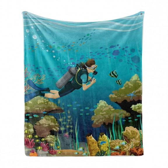 Diver Soft Flannel Fleece Throw Blanket, Colorful Underwater Pattern with Sorts of Fish and a Lady Exploring Deep Waters, Cozy Plush for Indoor and Outdoor Use, 70" x 90", Multicolor, by Ambesonne