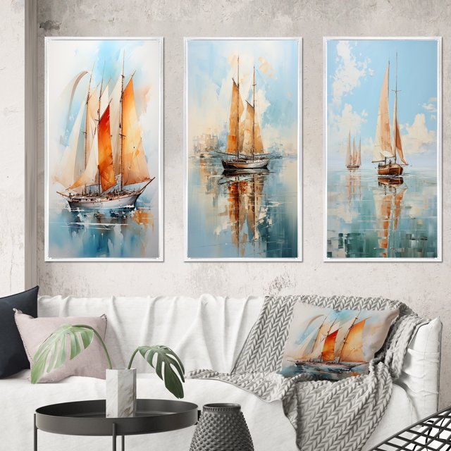Designart "Watercolor Sails Sailboat" Nautical & Beach Framed Wall Art Set Of 3 - Multi-Color Boat Sailing Frame Gallery Set For Office Decor