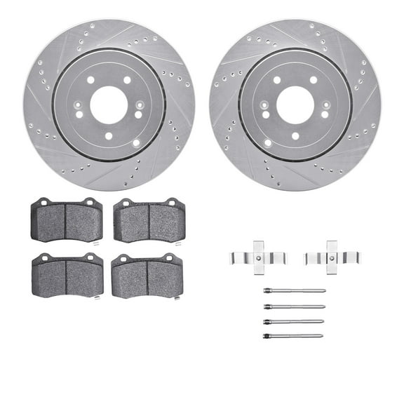 Dynamic Friction Company Front Brake Rotors Drilled and Slotted Silver with Ultimate Duty Performance Brake Pads includes Hardware - 7412-56002