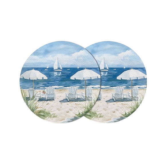 Nautical Sea Wave Blue Round 13 Inch Placemats Set of 2, Ocean Coastal Beach Plant HeatResistant Non Slip Place Mats for Dining Table, Wipeable Braided Kitchen Table Mats for Housewarming