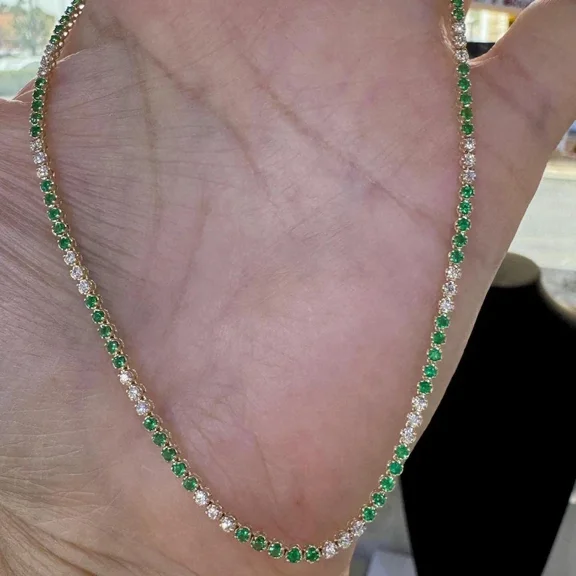 Gorgeous 4MM 24Ct Round Cut Simulated Green Emerald Women's Engagement Tennis Necklace 14K Yellow Gold Plated 925 Sterling Silver 18"