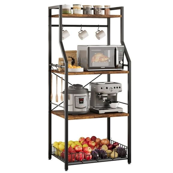 Huloretions Kitchen Bakers Rack,Microwave Oven Stand with Large Wire Basket Industrial Coffee Bar Station,4-Tier Kitchen Utility Storage Shelf with 8 Hooks for Spice Pots Organizer
