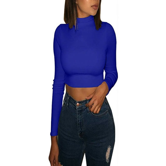 xiaxaixu Women Long Sleeve Crop Tops Half Turtleneck Solid Color Slim Pullovers