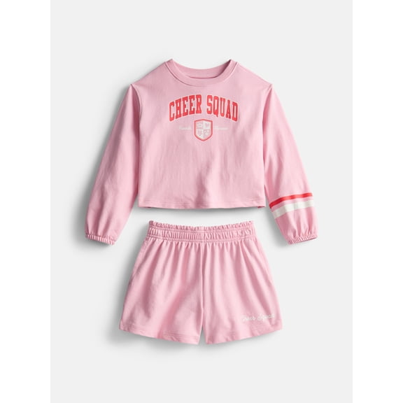 Wonder Nation Little Girls Crewneck Sweatshirt and Shorts Set, 2 Piece, Sizes 4-10