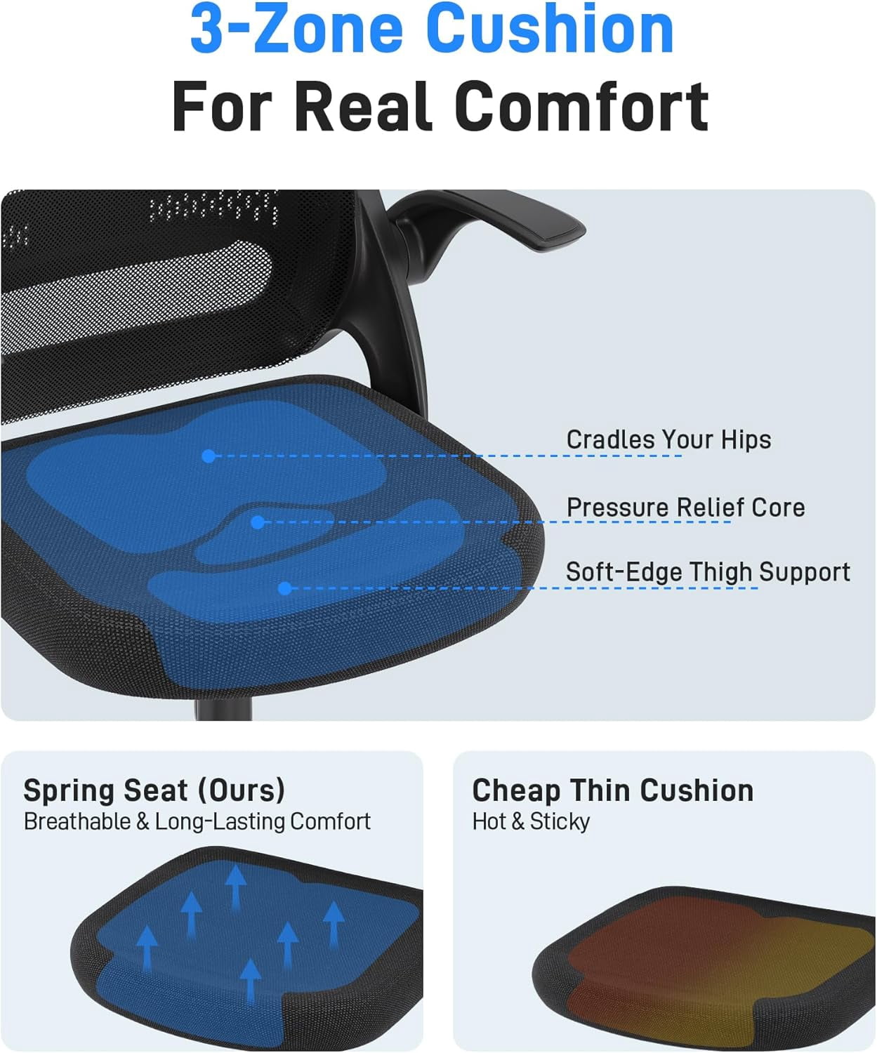 Ergonomic Mesh Office Chair for Home Office, Flip-Up Arms, Breathable Mesh Back & Thick Seat Cushion, Swivel Rolling Computer Desk Chair, Supports 300 lbs (Black Frame/Black Seat)