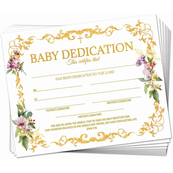 30 Gold Vine Flower Baby Dedication Certificates 9.8" x 7.8" Blank Baptism Certificates for Church Dedication Christening Milestone Gifts for