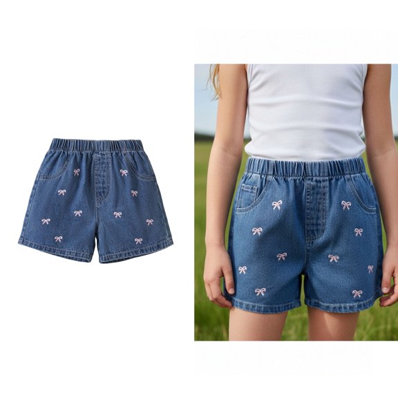 Girls Jeans Shorts Girls Elastic Waist Bow Embroidered Jean Shorts Straight Leg Jean Shorts Casual Shorts Girls Denim Shorts Size 10-11 Years