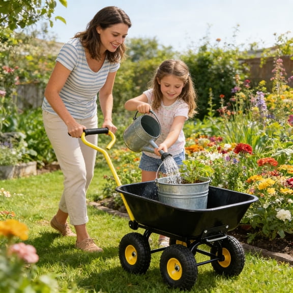 GDF Studio Poly Garden Dump Truck with Steel Frame, Heavy Duty Folding Cart with 10" Pneumatic Tires, Black