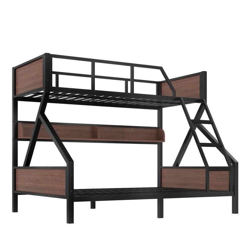 Twin XL over Queen Size Metal Bunk Bed, Kids Teens Chic Bed Frame with Bedside Storage Shelves and LED Light Strip