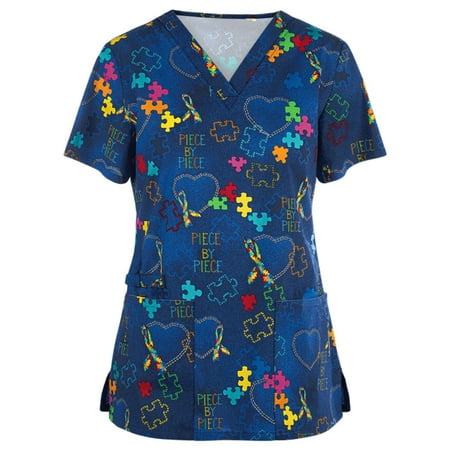 

purcolt Plus Size Scrubs for Women Womens Professionals Scrubs Tops Summer Print Nurse Short Sleeve V Neck Workwear Heart Print Working Uniform Blouse Medical Scrubs With Pockets on Clearance