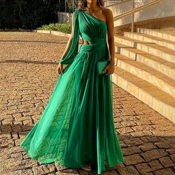 Axiiglly Women Prom Dress Long Ruched formal Gowns One Shoulder Cover Mesh Maxi Dresses Cut Out Plus Size Party Dress