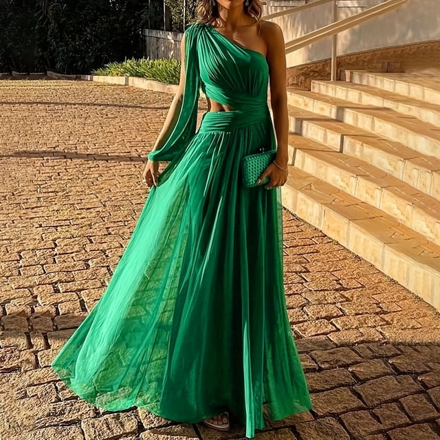 LSLJS Mode Femmes Sexy Décontractée Été Solide une Épaule Sans Manches Longue Robe, Robes de Cocktail pour Femmes Soirée