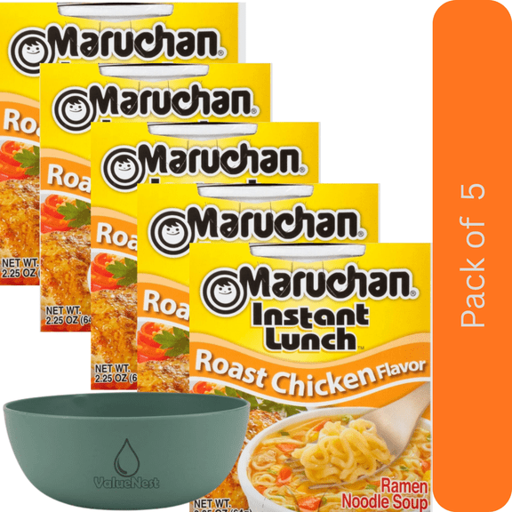 Maruchan Instant Lunch Ramen Noodles Roast Chicken 2.25 oz Cup, 5 Pack with Bowl by Value Nest