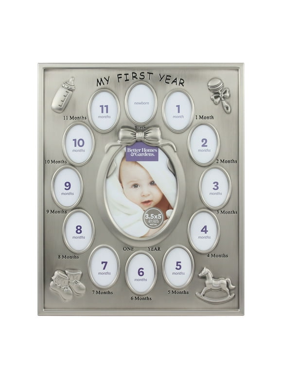 Better Homes & Gardens 11" x 9" Rectangle Metal Baby's First Year Milestone Tabletop Collage Picture Frame, Silver