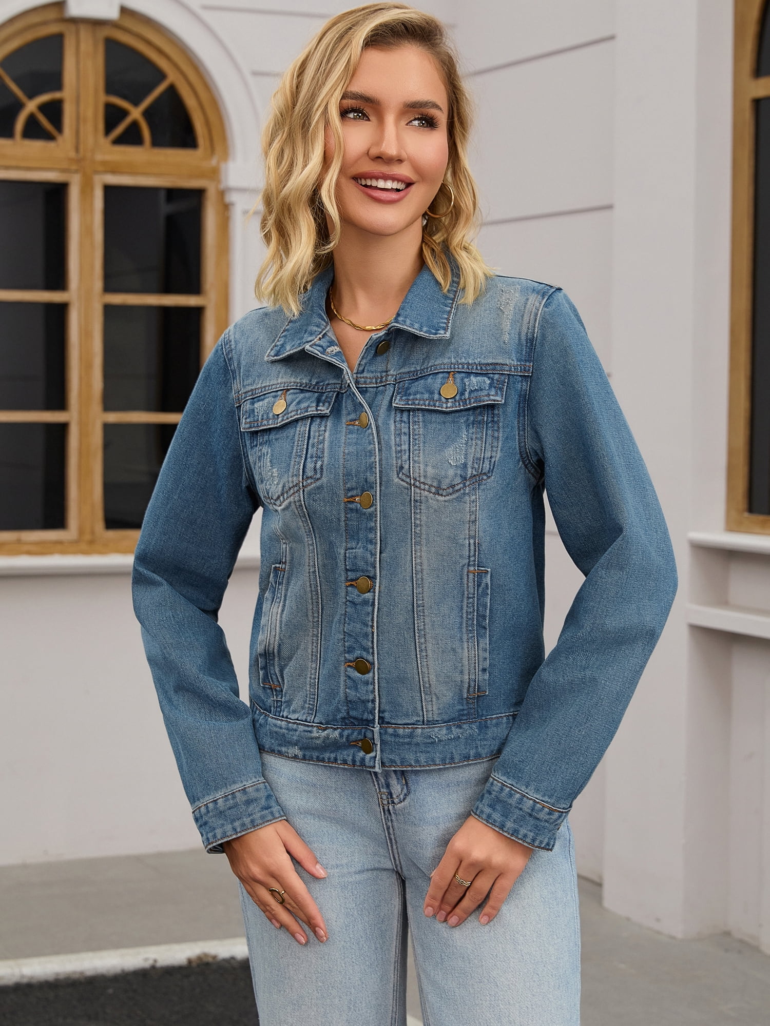 DARING DIVA Women's Classic Washed Long Sleeve Denim Jackets With Pockets 2XL Grey Blue