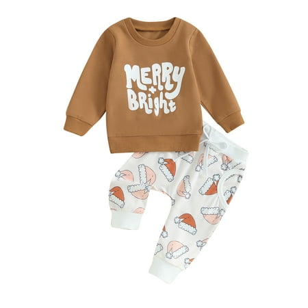 

Mioliknya Boys Pullover Christmas Tree/Santa Claus/Santa Hat Print Pants Sets