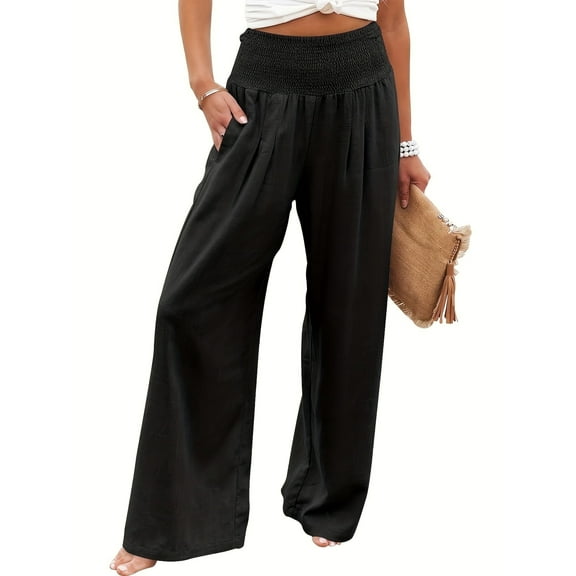 Solid Color Pleated Waist Loose Baggy Pants, Vacation Style Wide Leg Comfortable Pants, Suitable for Spring and Autumn Wear, Women's Clothing