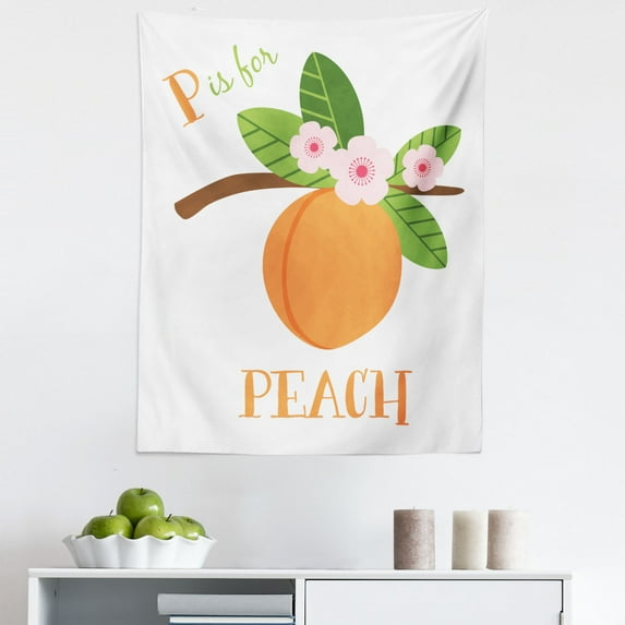 Peach Tapestry, Alphabet Learning Themed Cartoon with P is for Peach Text and Fruit, Fabric Wall Hanging Decor for Bedroom Living Room Dorm, 5 Sizes, Apricot Olive Green, by Ambesonne