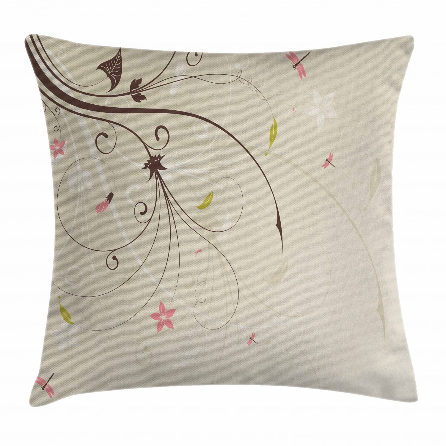 Dragonfly Throw Pillow Cushion Cover, Spring Field Bouquet Shabby Chic
