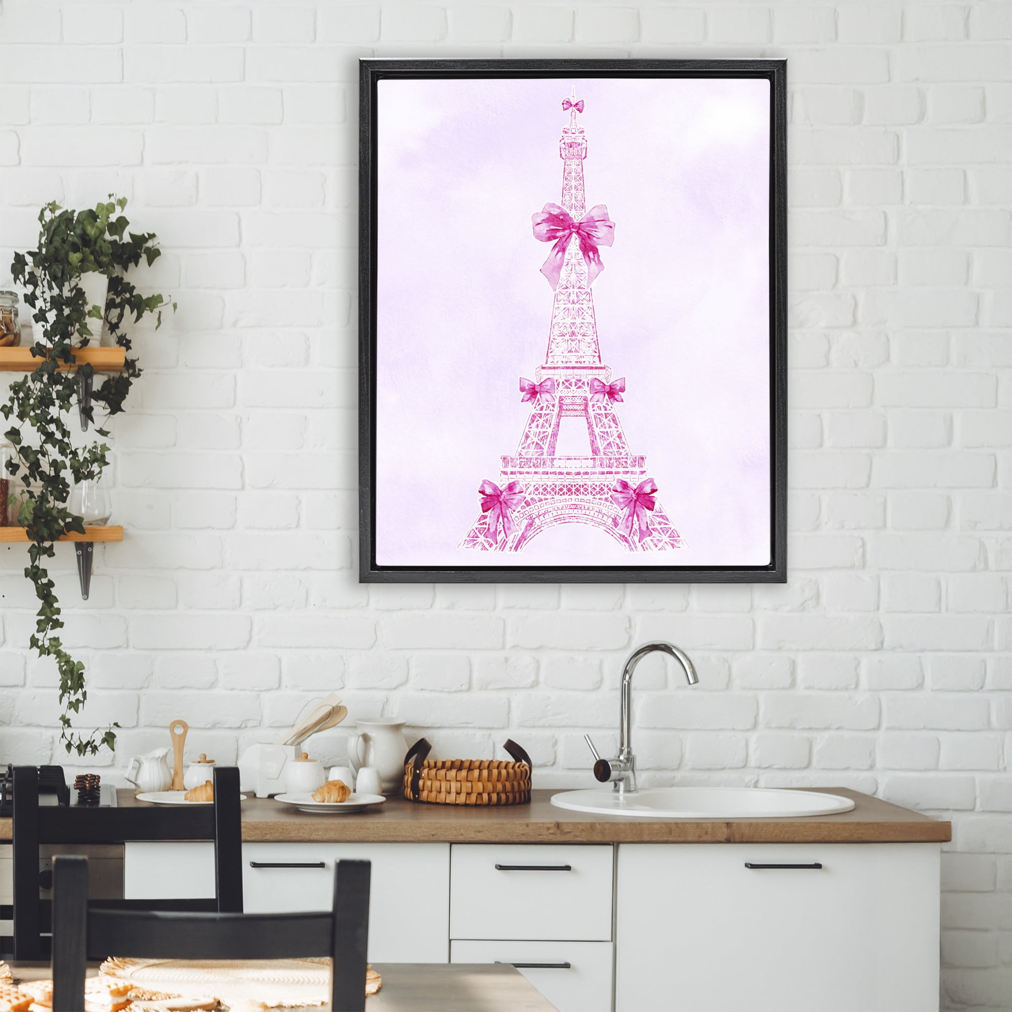 Stupell Industries Ribbon Bedecked Eiffel Tower Black Framed Floater Canvas Wall Art, design by Ziwei Li