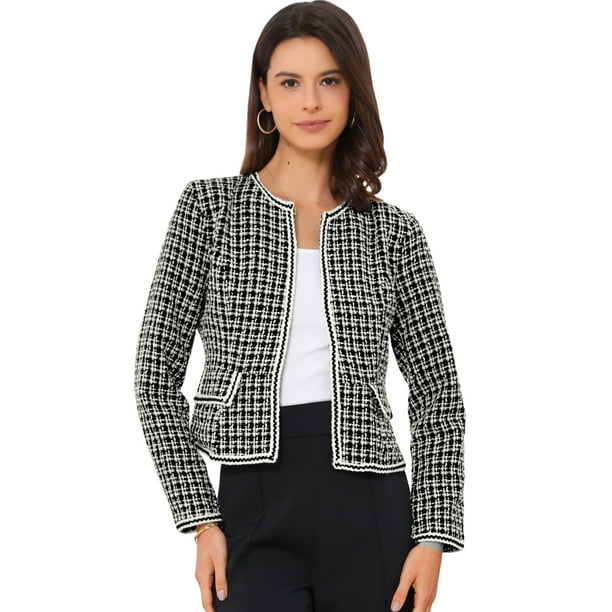 Blazer de tweed a cuadros Allegra K manga larga Negro L