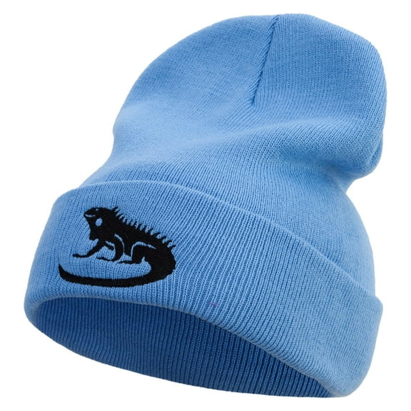Iguana Embroidered 12 Inch Long Knitted Beanie - Sky Blue OSFM