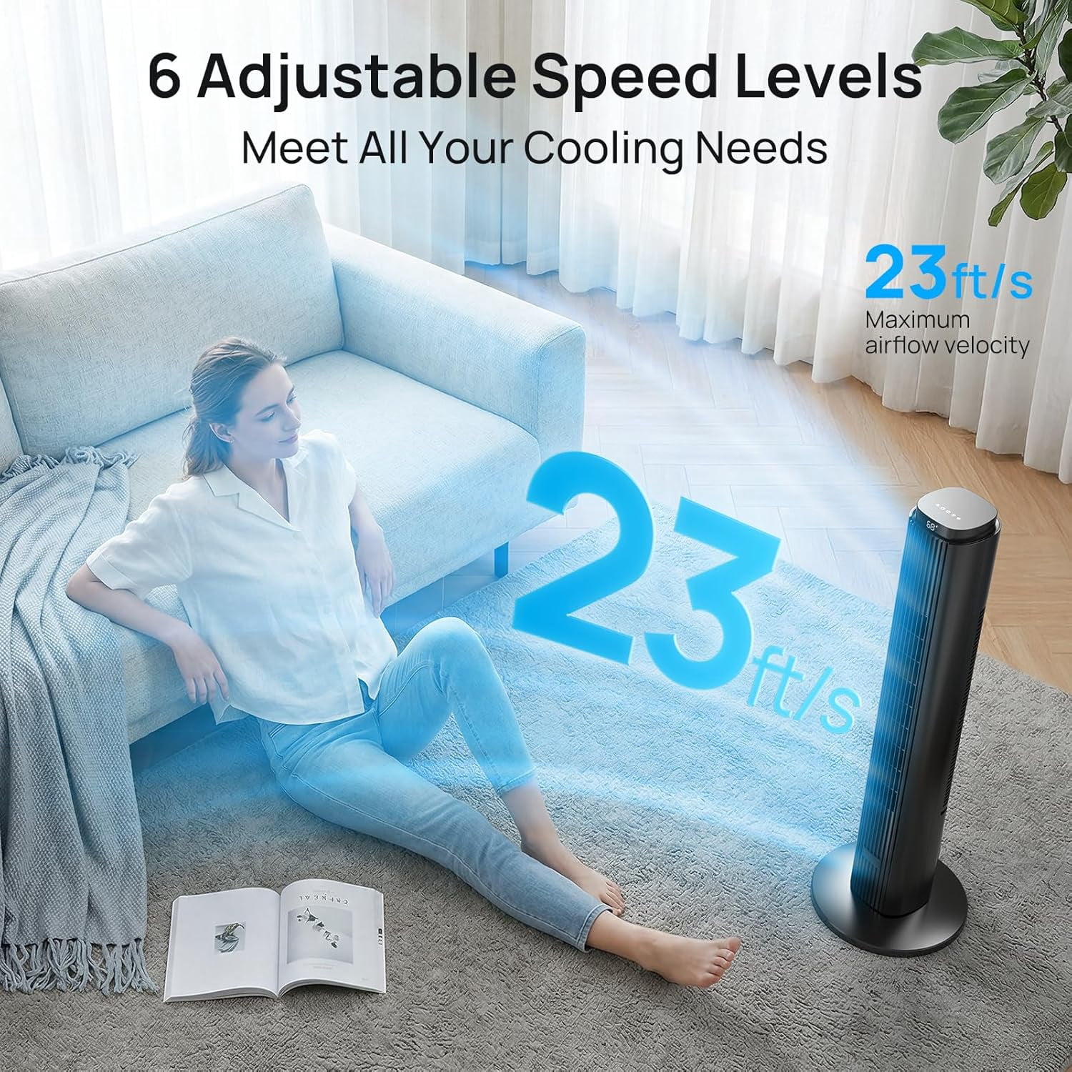 Moifoi 37 inch Tower Fan for Home, 80°Oscillating Bladeless Standing Floor Fan for Large Room, 6Speeds 4 Modes ,12H Timer with Remote,Black