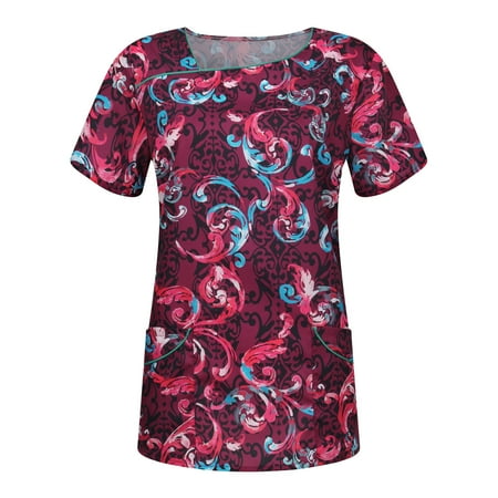 

Sksloeg Scrub Tops Of 2023 Flower Printed V-Neck Workwear with Pockets Shirts Nursing Working Uniform Wine M