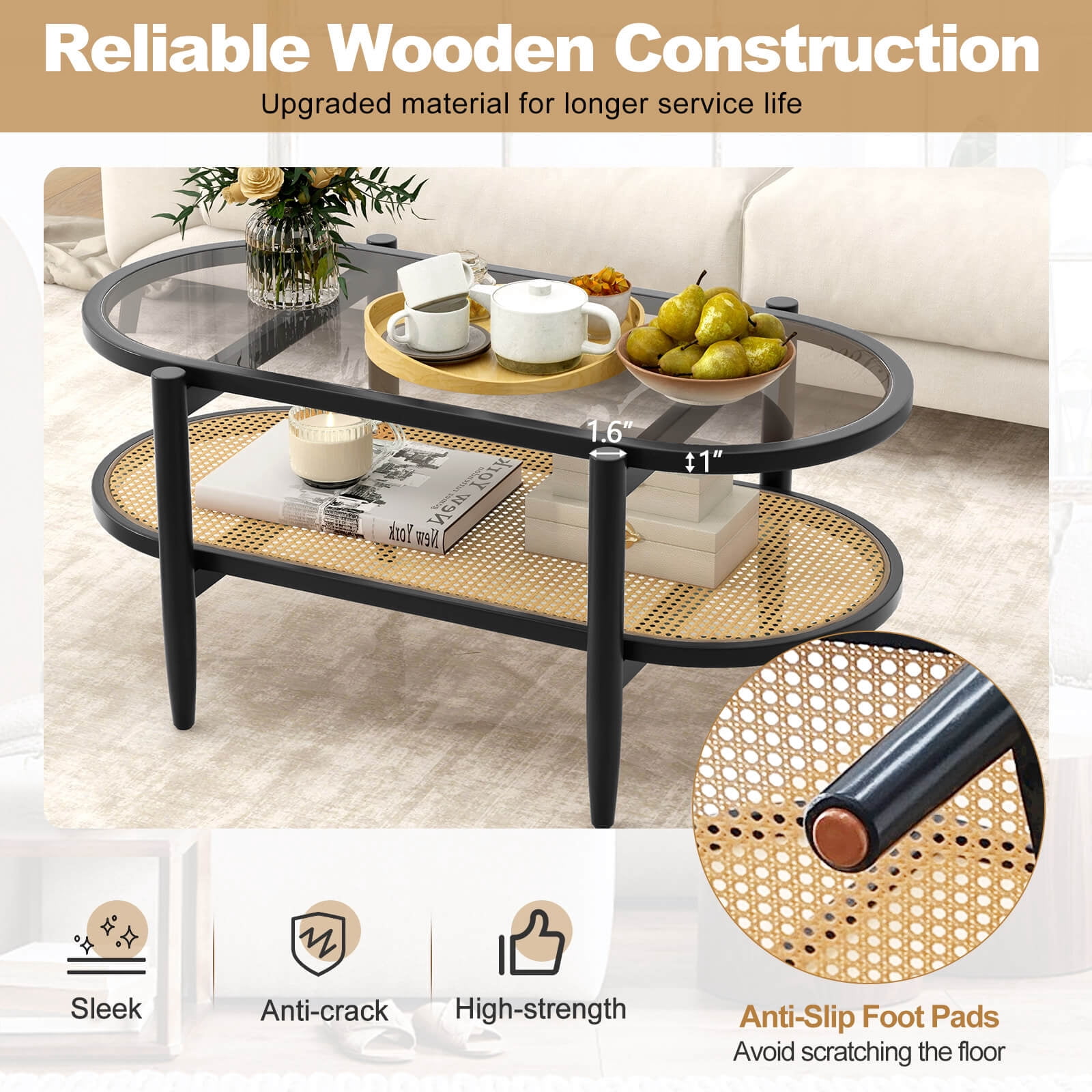 Costway 2-Tier Coffee Table Tempered Glass Top with PE Rattan Shelf & Acacia Wood Frame Black