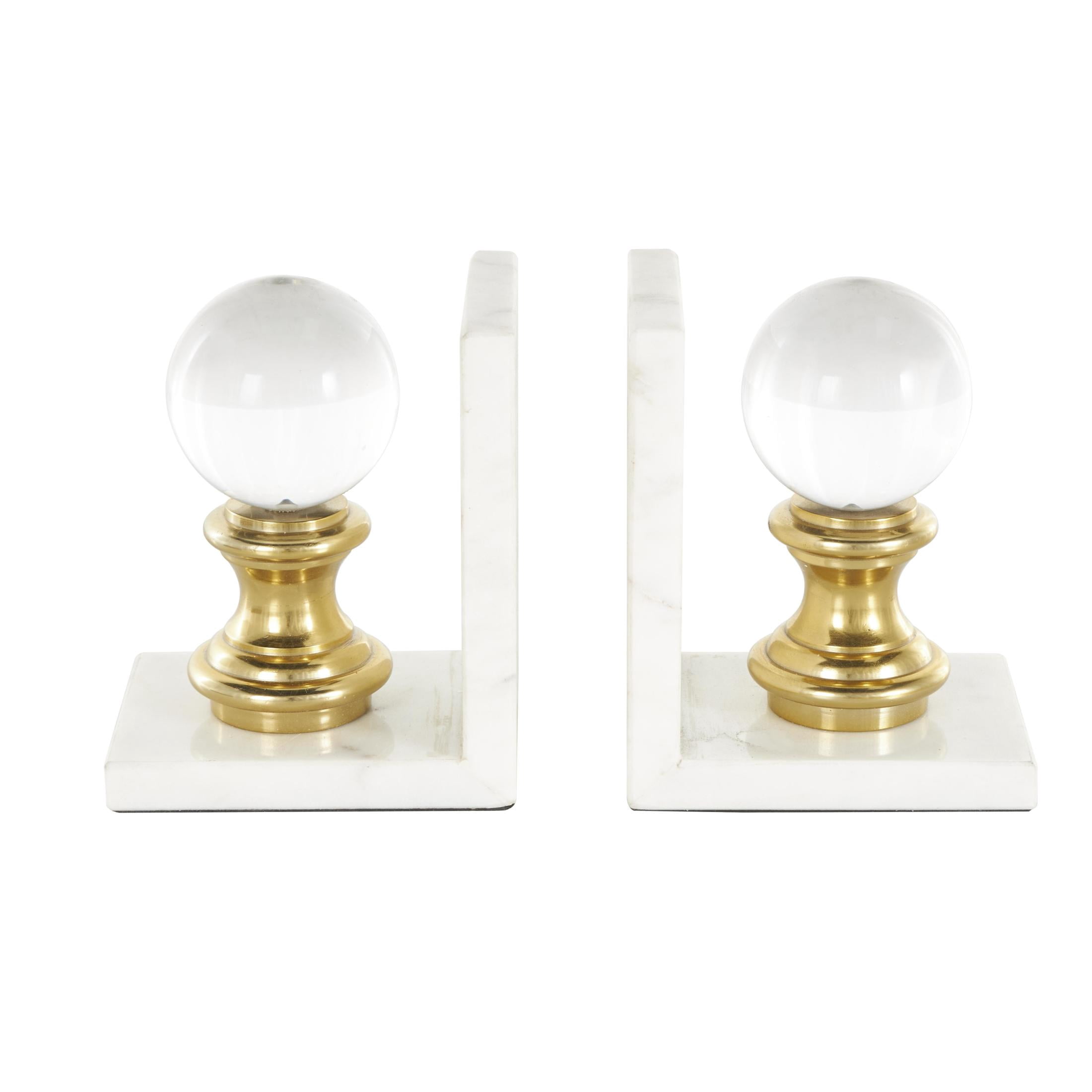 DecMode 5" White Marble Bookends with Glass Orbs and Gold Accents (Set of 2)