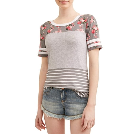 Juniors' Printed Colorblock Varsity Stripe Short Sleeve T-Shirt